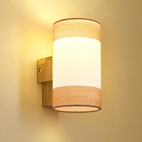 Applique Murale Intérieur Vintage, Applique Murale Bois Industrielle E14, Lampe Murale Rétro abat-jour en tissu, Appliques pour Chambre Couloir Salon Escalier,Ampoule Non Incluse, cylindrique (1/5)