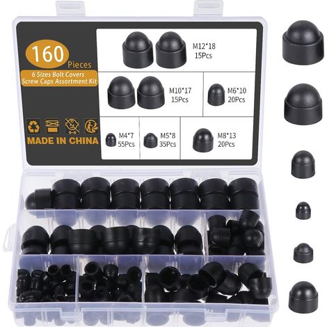 160 x Black Nut Covers, M4 M5 M6 M8 M10 M12 Hex Bolt Cover Protection Screw Cap Nut Cap (1/5)