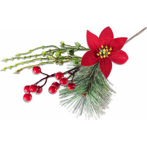 Stelle di Natale artificiali pick con bacche rosse e aghi di pino, set da 20 pezzi, cm 18 H (con gambo 28)