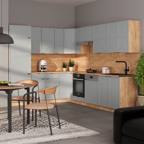 Cuisine en angle Fame-Line, Bleu clair-gris/chêne force d'or, 227 x 60 cm sans plan de travail, Vicco