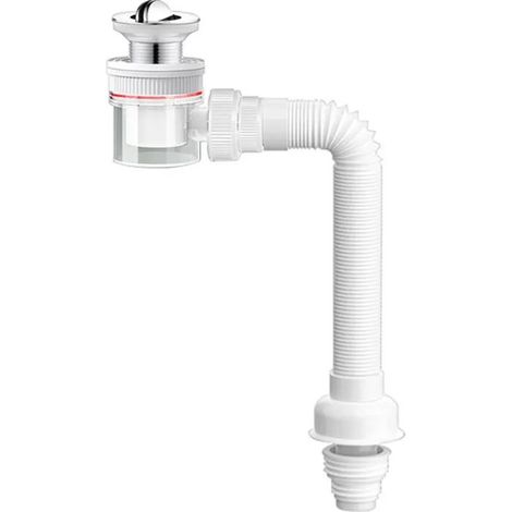 Siphon d'évier avec bouchon clic-clac, trop-plein, contrôle des odeurs, tuyau de vidange flexible et orifice de nettoyage. (1/4)