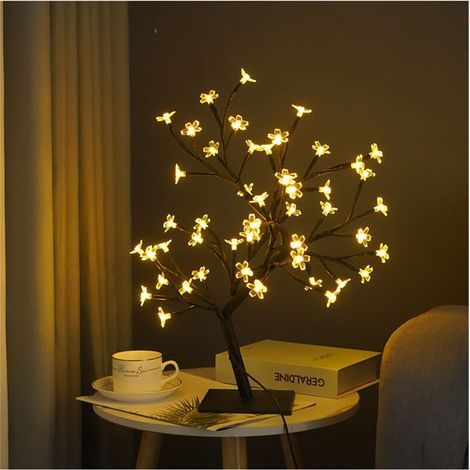 Bonsai Tree LED Lamp, USB Powered, Bedroom Decoration, Tabletop Night Light, Black, 48 Sakura Lights (1/4)