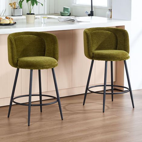Wahson Juego de 2 Taburetes de Bar Tapizados en Chenilla, Asiento Acolchado y Patas de Metal para Isla de Cocina, Verde
