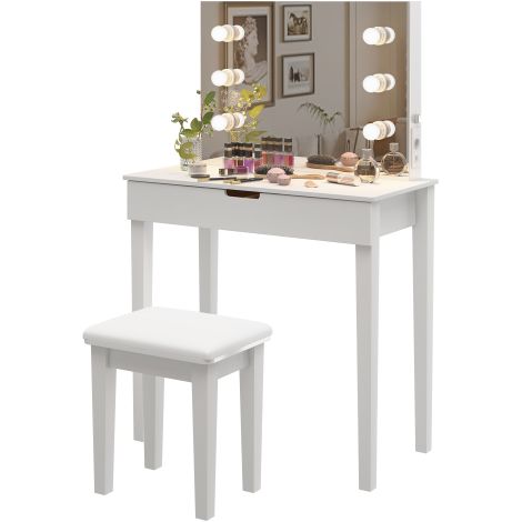 Set da toeletta con sgabello, ampio specchio, scrivania con luci a luminosità regolabile, 6 lampadine e porta USB, per camera da letto, 125 x 80 x 40 cm, bianco