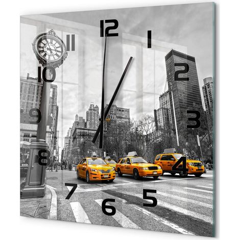 Grande Horloge Murale Carrée Élégance Contemporaine Verre Trempé Silencieuse Taxis de New York 60x60 cm (1/5)