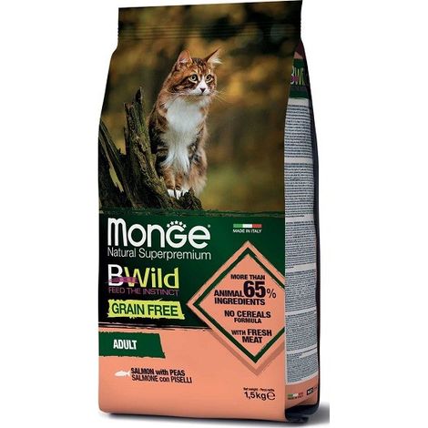 Monge Cat Bwild Grain Free Adult Salmone e Piselli  - Monge Cat Bwild Grain Free Adult Salmone e Piselli - Sacco Da 1,5 Kg