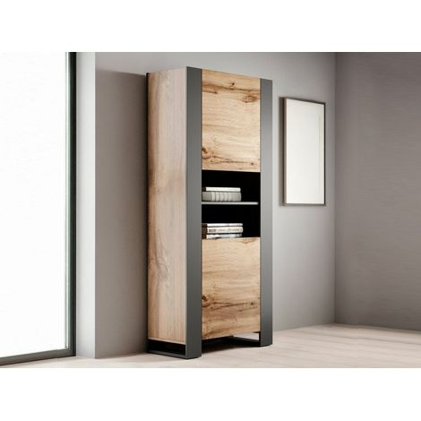 Vitrina Manerbio, Vitrina de Salón con Dos Puertas y Compartimentos Abiertos, Elevada del Suelo, 65x40 h171 cm, Roble Nudo y Antracita (1/4)