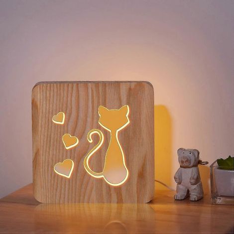 Lampe en bois chat, veilleuse fantaisie, lampe illusion 3D pour enfants, lampe décorative USB pour chambre d'enfant, cadeau idéal pour Noël, les fêtes et un anniversaire, pour garçons et filles (1/5)