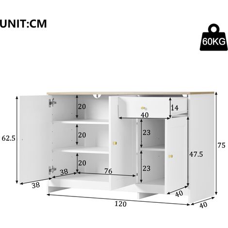 Buffet, 3 portes, 1 tiroirs, naturel, 120 x 40 x 75 cm, pour salon et salle à manger, format pratique, style moderne et facile à associer