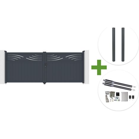 Portail battant 4m HALTI H.160cm aluminium gris + 2 poteaux ELDA 15x15cm + motorisation Ranger B150 (1/5)