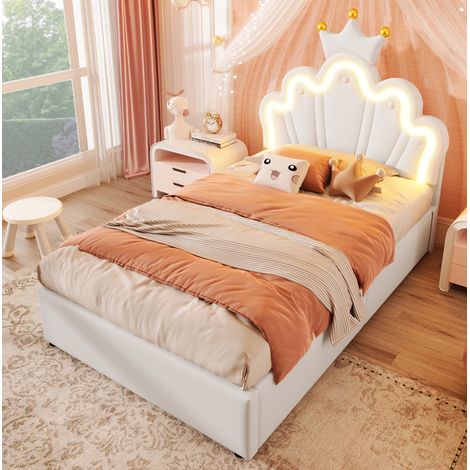 Lit enfant 90 x 200 cm capitonné en PU blanc avec tête de lit réglable, LED et coffre hydraulique (1/5)