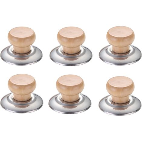6er-Set Topfdeckelgriffe, Axroad Mall, schützt vor Verbrennungen, hitzebeständig, mit großem Griff, leicht zu reinigen, für Ölpfannen und Bratpfannen, Edelstahl/Holz, 5,7 x 3 cm, Silber/Braun (1/5)