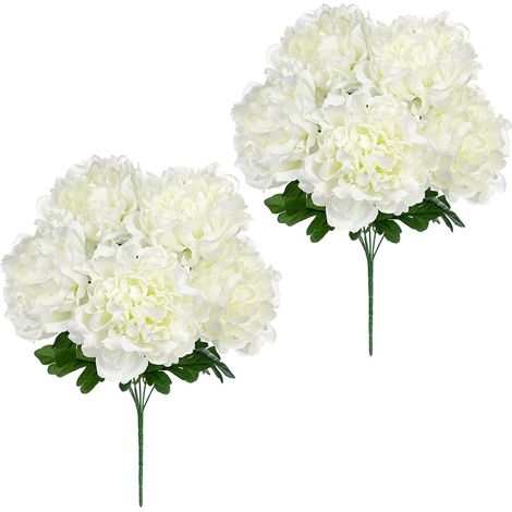 Lot de 2 pivoines artificielles en soie - 40 cm - Blanc - Fleurs décoratives pour salon, mariage, décoration de table, balcon (1/5)