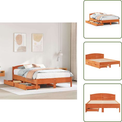 The Living Store Letto senza Materasso Marrone Cera 120x190 cm in Legno di Pino - Letto con cassetti