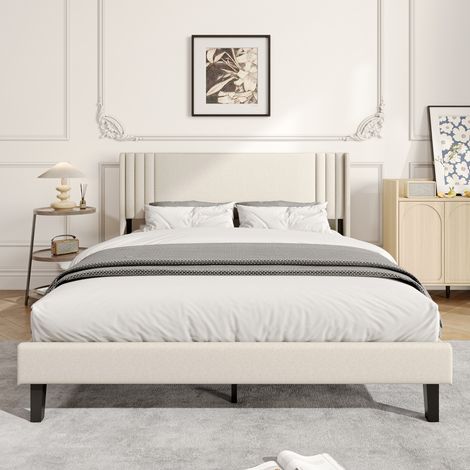 BLANKETSWARM - Lit double rembourré 160x200 cm - Cadre en métal robuste - Style industriel - Lin - Beige (1/5)