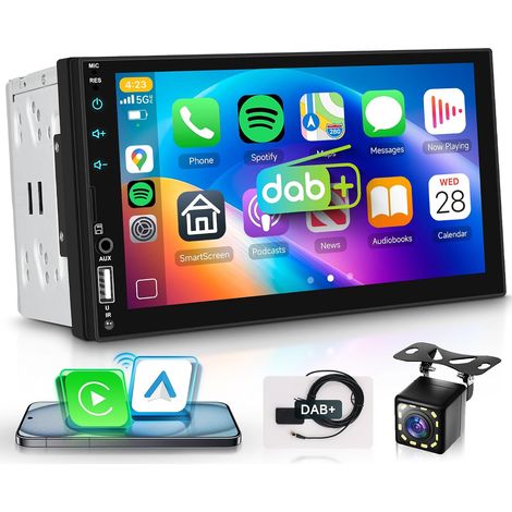 Sans Fil Carplay Autoradio 2 Din avec DAB Adaptateur Android Auto iOS/Android Mirror Link 7 Pouces Écran Tactile Autoradio Bluetooth FM Radio DAB+/DAB/USB/EQ Commande au Volant Caméra de Recul (1/5)