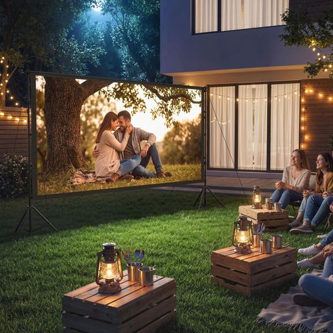 Écran de projection avec trépieds 120 pouces 16:9 HD 4K/8K, écran videoprojecteur portable, 309x62x217cm, blanc et noir