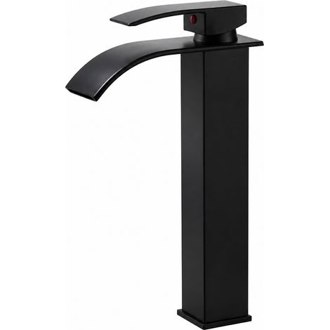Robinet Lavabo Noir Cascade Design avec Haut Bec Levier Unique en Cuivre Salle de Bain (1/5)
