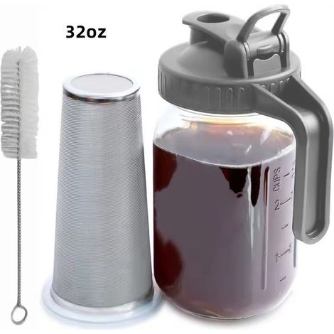 Pichet Mason en verre avec couvercle, 1 quart (32 oz / 1 L), carafe à eau étanche à large ouverture avec couvercle filtrant, pichet à infusion à froid pour eau / jus / lait / thé / café glacé et autre (1/5)