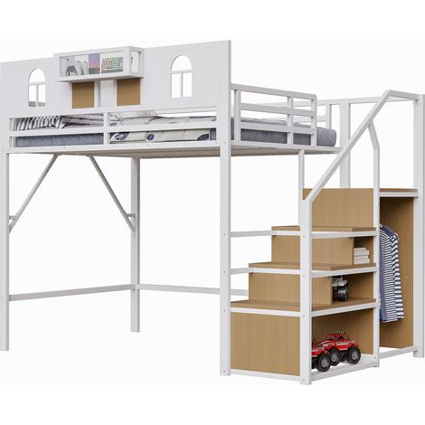 Lit mezzanine en métal 140 x 200 cm, avec escalier de rangement, fenêtres, panneaux en bois et treillis, barrière surélevée unique, tablette au lit, cadre métallique stable, blanc