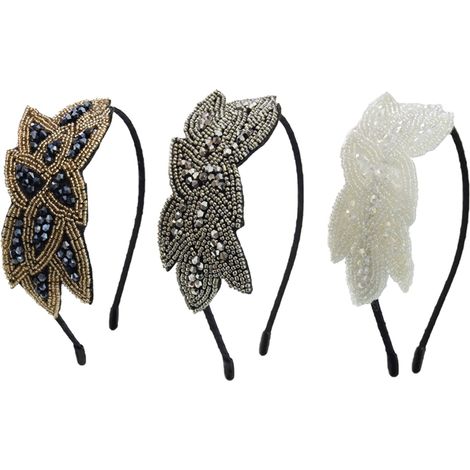 Headband - Flapper Style Beaded Leaf Headpiece - Vintage 1920s Party Accessory - 3 Pieces (1/5)