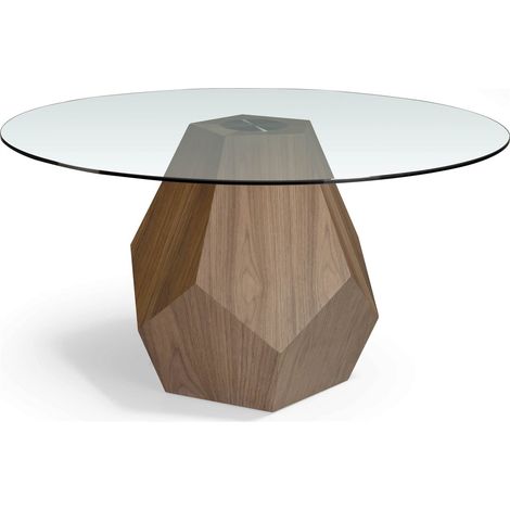 Table à manger ronde en verre trempé et bois de pin - Noyer, transparent (1/3)