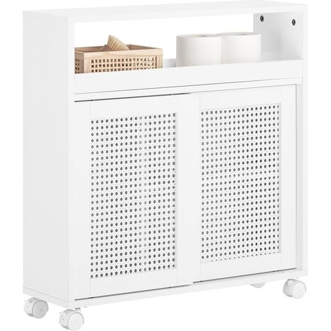 Sobuy – Meuble bas de salle de bain étroit – BZR119W – 65x20x70 cm – 2 portes coulissantes en poly rotin – 4 roulettes avec freins (1/8)