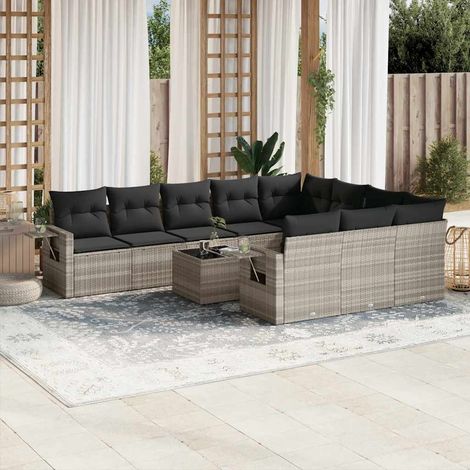 11-tlg. Garten-Sofagarnitur mit Kissen Hellgrau Poly Rattan (1/5)