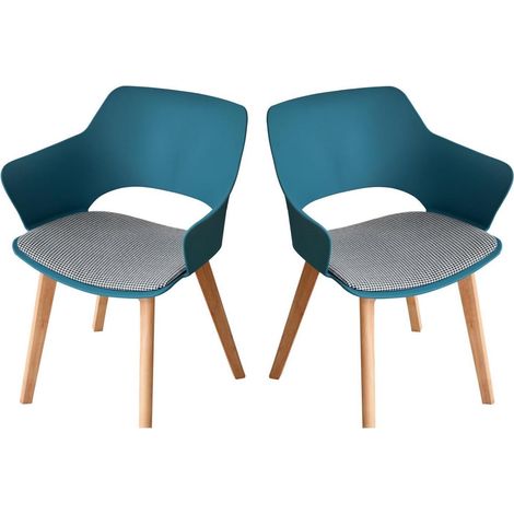 Lot de 2 chaises de salle à manger bleues avec accoudoirs et pieds en bois massif (1/5)