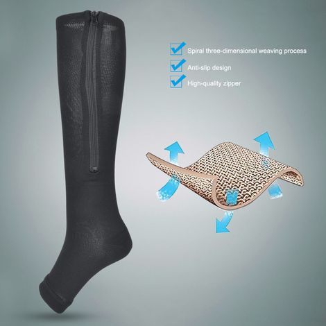 1 Paire de Bas de Compression Mi-Mollet à Fermeture Éclair, Collants Amincissants, Chaussettes Élastiques à Bout Ouvert (Noir, Taille M)