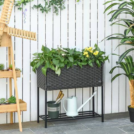 Outsunny Poly Rattan Hochbeet Blumenkasten mit Fen Rattan Blumenkasten  Blumentopf mit Ablage Braun 70 x 30 x 70 cm