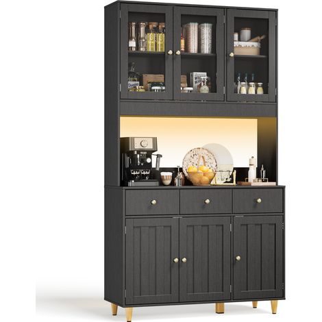 Aparadore Bealife Buffet Negro Alto de Cocina Armario de Almacenamiento Altura 180 cm Mueble de Cocina con Estanterías Ajustables, 3 Puertas de Vidrio y 3 Cajón (1/5)