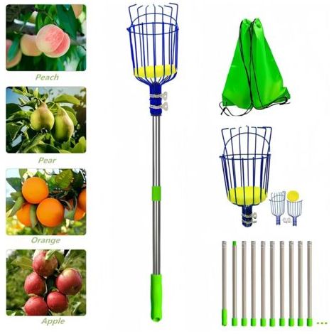 Outil de cueillette de fruits, cueilleur de fruits de 13.8 pieds avec poteau télescopique et panier en aluminium léger, attrape-fruits facile à assembler, utilisez le cueilleur d'arbre à fruit (1/5)