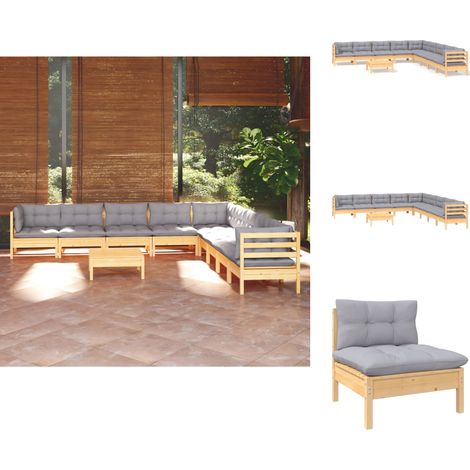 Gartenmöbel-Sets - Living 10-tlg. Garten-Lounge-Set mit Grauen Kissen Kiefer Massivholz (1/5)