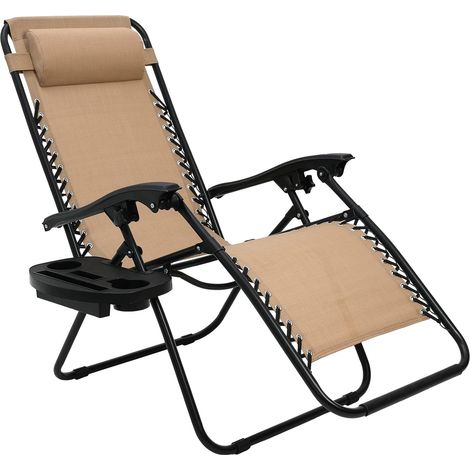 LIFERUN Klapperdeckstuhl mit verstellbarem Kopfkissen und Rückenlehne, entspannende Liege für das Mittagessen Pause mit Tassenhalter, ergonomisch und atmungsaktiv, beige, beige