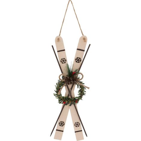 Decorazione da appendere a forma di corona di abete e coppia di sci in legno, 26 cm - Feeric lights & christmas (1/2)