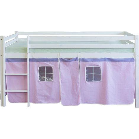 Letto soppalco 90x200 cm con scaletta in legno bianco e tela rosa LIT06123