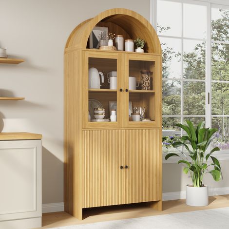 Buffet vitrine 78x40x176 cm avec portes en verre et rangement fermé à motif ondulé, bois d’ingénierie naturel (1/5)