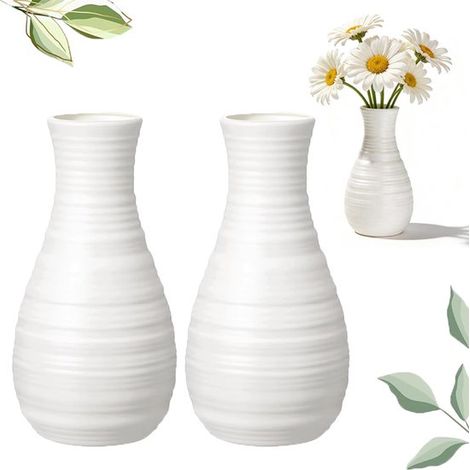 Lot de 2 vases - Vase en plastique - Vase artificiel - Vase à fleurs - Vase minimaliste - Vase décoratif - Incassable - Vase de style scandinave - Blanc - 7 x 20,5 cm - Convient pour les mariages, les (1/5)