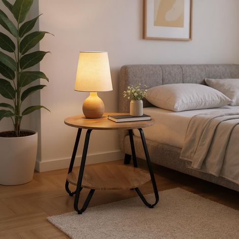 Meuble Cosy Table de Nuit Ronde Design et étagère de Rangement Scandinave pour Lit, Chambre, en Bois d'ingénierie Cadre en Acier Robuste, Marron Clair (1/5)