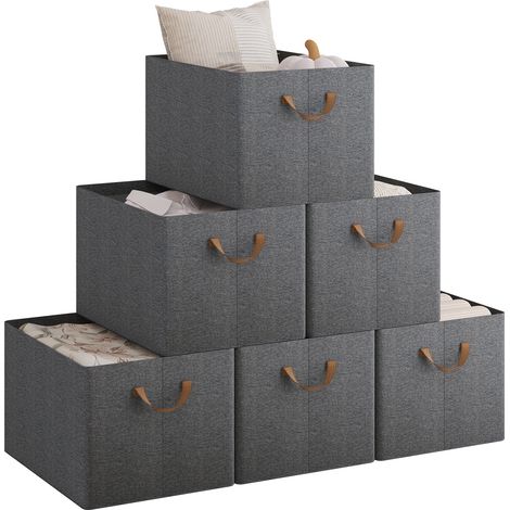WOLTU Set of 6 Foldable Storage Boxes, Fabric Containers with Handles, 47x35x30 cm, Grey+Brown