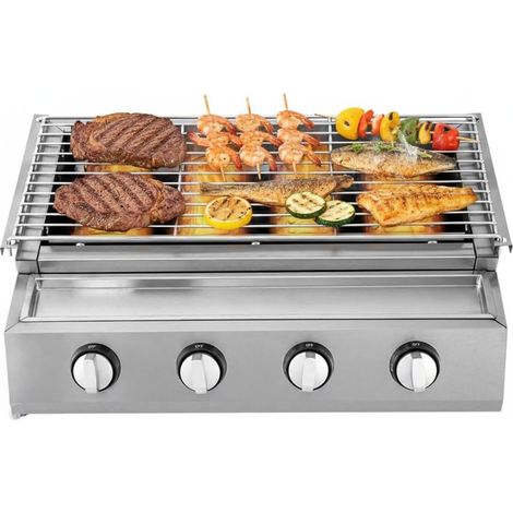 HAUTOUR Barbecue à Gaz de Jardin en Acier Inoxydable, Grille de Cuisson Adjustable avec 4 Brûleurs, Surface de Cuisson 55x23 cm, Idéal pour Terrasse, Jardin et Extérieur (Argent) (1/5)
