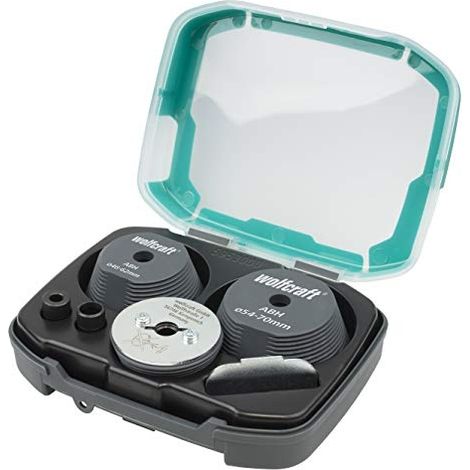 Wolfcraft – Aide au perçage 5953000 – Kit 7 pièces pour trous Ø 35-70 mm – Pour scies cloches Ø 60 mm min – Corps en plastique durable (1/10)