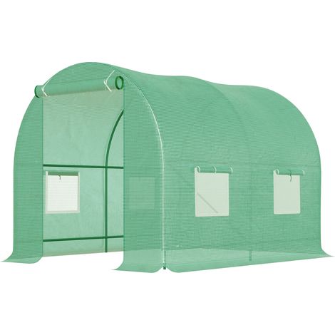 Tunnelgewächshaus 5 m² (2,5 m L x 2 m B x 2 m H), Stahlbeton Ø 1,8 cm, PE 140 g/m², Fenster, Schiebetür, grün