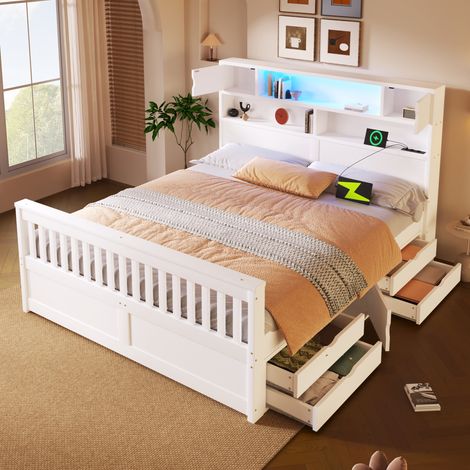 Lit adulte 160x200 cm avec rangement, 4 tiroirs, tête de lit étagère LED, bois MDF blanc, style moderne