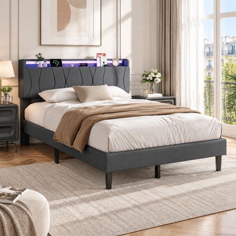 Lit 160x200 avec sommier,Lit 2 places avec LED, 2 USB+1 type c,Cadre de Lits avec Sommier à Lattes et Tête Capitonnée,lin gris (1/5)