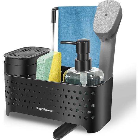 Lot de 2 distributeurs de savon et de liquide vaisselle - Organiseur 5 en 1 avec porte-éponge, porte-brosse et barre de torchon Peu encombrant (noir) (1/5)