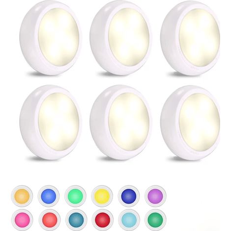 Lot de 6 lampes LED pour armoires avec télécommande - lampes rondes sans fil à piles - veilleuse tactile - pour armoires - blanc (1/3)