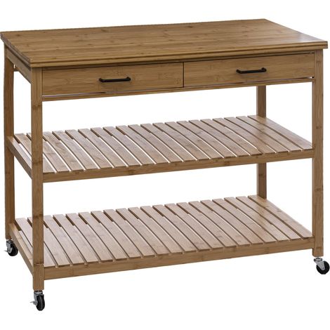 5Five Simply Smart – Îlot de cuisine sur roulettes en bambou 108 x 60 x 90 cm – 2 tiroirs et 2 étagères – Charge max 60 kg – Bar portable élégant (1/7)