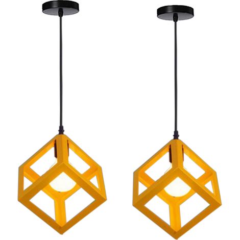 Lot de 2 Lustre Suspension Industrielle E27 Plafonnier Luminaire Cage Cube en Métal Jaune